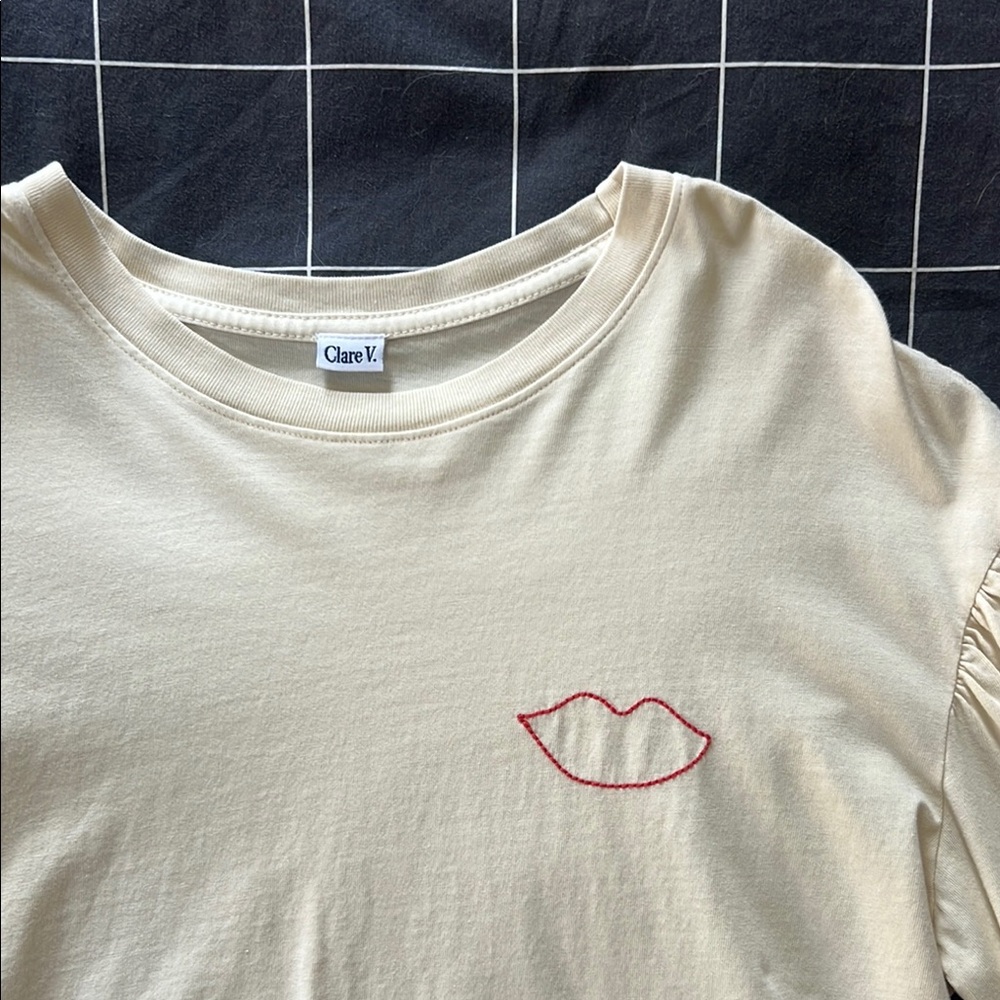 Clare V. Cream Tee with Red Lips Embroidery